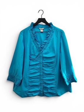 Nexx Teal Blue Ruffled V-Neck Blouse Womens Size 2x